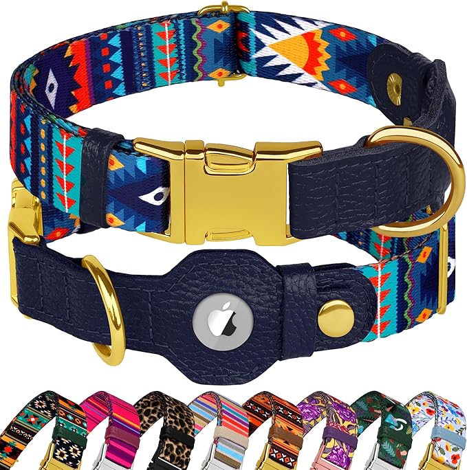 AirTag Dog Collar for Small Medium Large Breed - Adjustable Cute Pattern Dog Collar with Airtag Holder - Soft Leather Tracker GPS Apple Air Tag Pet Collars (Small, 12"-15" Neck Fit, Navajo)-Mewly Pet
