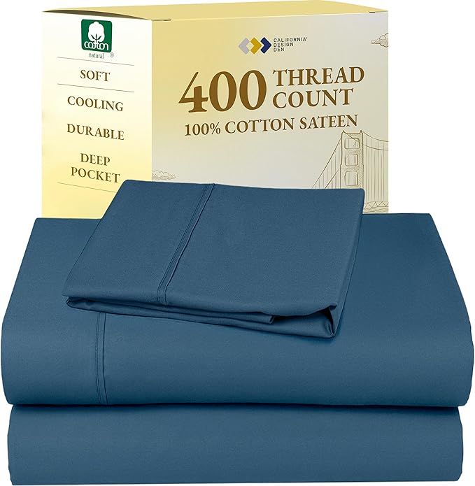 California Design Den Soft Twin Sheets Set - 400 Thread Count Sateen, Natural 100% Cotton Sheets, Deep Pockets, Cooling and Durable Bedding Set for Dorm Rooms & Adults - Peacock Blue