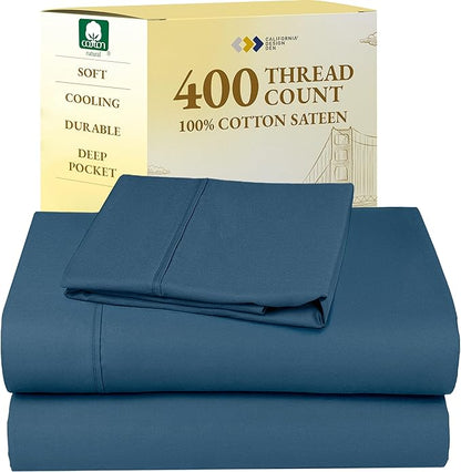 California Design Den Soft Twin Sheets Set - 400 Thread Count Sateen, Natural 100% Cotton Sheets, Deep Pockets, Cooling and Durable Bedding Set for Dorm Rooms & Adults - Peacock Blue