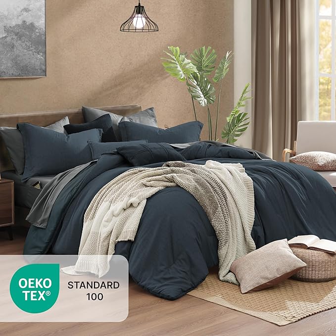 Monbix Queen Comforter Set - 7 Pieces Cationic Dyeing Navy Blue Bed in a Bag Queen Bedding Sets with Comforter, Sheets, Pillowcases & Shams, Reversible Bedding Comforters Sets