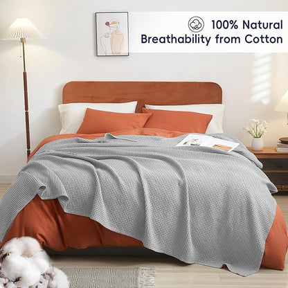 PHF 100% Cotton Waffle Weave Throw Blanket，Pre-Washed Snag Proof Lightweight Breathable Moisture-Wicking for Layering in Cold Weather for Couch Bed,Machine Washable,Home Decor Gift-Light Grey