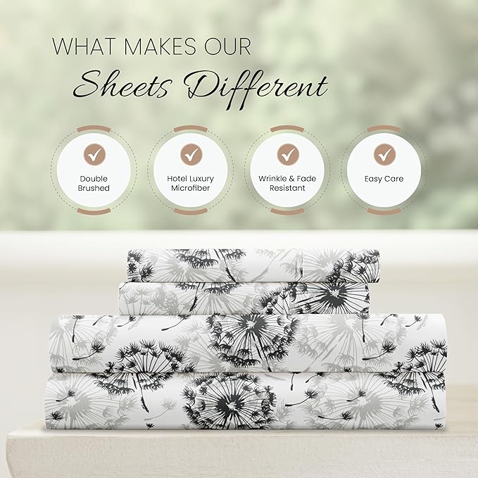 Linen Market Double-Brushed Patterned Microfiber Queen Sheet Set 4 Piece – Oeko-TEX Certified Ultra Soft & Wrinkle-Free - 16" Deep Pocket Sheets - Easy Care Queen Size - Make a Wish Light Gray