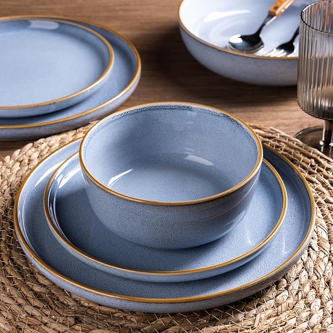 GBHOME Ceramic Dinnerware Sets for 8, 24 Pieces Stoneware Plates and Bowls Sets, Scratch Resistant Dishes, Dishwasher & Microwave Safe, Reactive Glaze-Brunnera Blue-Mewly Pet