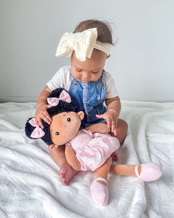 Soft Baby Doll Toys (16''), My First Baby Rag Doll for 1 Year-Old Girl Birthday Gift, Christmas Plush Toys Gift for Toddler Kids Infants-Sweetheart(Double Buns Tanned)-Mewly Pet