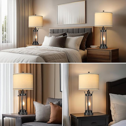 QiMH Farmhouse Table Lamps for Living Room, Beside Lamps for Bedroom with USB A+C Charging Ports, Rustic Nightstand Lamp Set of 2 with Frosted Glass Night Light, 4 Bulbs Included (Black)