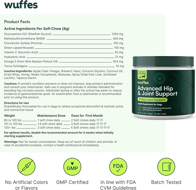 Wuffes Chewable Dog Hip & Joint Supplement - Glucosamine & Chondroitin Chews - Dog Joint Supplements & Vitamins - Extended Joint Care (Large Breed (Over 65 lbs), 60 Chews (Pack of 2))-Mewly Pet