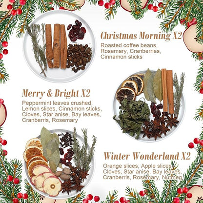 6 Pack Christmas Potpourri Simmer Pot Kit, Holiday Stovetop Potpourri, Botanical Air Freshener Sachets, Festive Bowl Filler Decor for Home Fragrance, Housewarming & Hostess Gifts