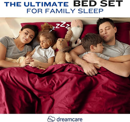 DREAMCARE Queen Sheet Set – 4 pcs Cooling Sheets – up to 21” Extra Deep Pocket Queen Sheets – Hotel Luxury Sheets & Pillowcases – Superior Softness 100% Fine Microfiber with Side Pocket – Burgundy