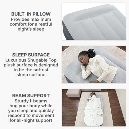 SleepLux Twin Air Mattress Supersoft Snugable Top Extra Durable Tough Guard with Built-in Pillow Raised 15" Airbed with Built in Pump + USB Charger Twin 15", Small, Grey