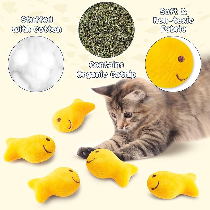 L1rabe Goldfish Cracker Catnip Stuffed Toys - Summer Black Cat Appreciation Day 5P Goldfish Cat Toys Funny Yellow Indoor Cats Chew Bite Teething Tools Kittens Birthday Gifts Interactive Pet Supplies-Mewly Pet