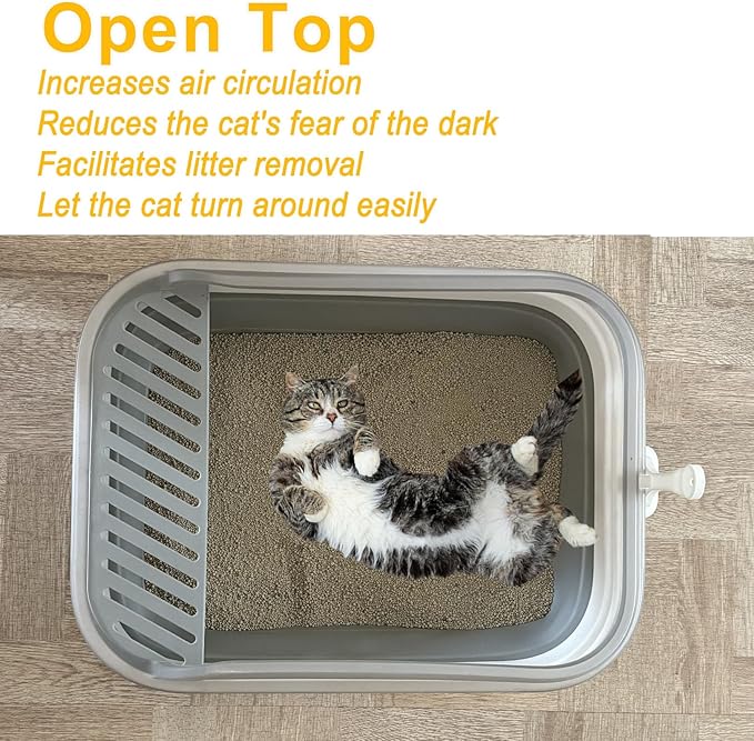Open Cat Litter Box with High Side, 20.67 X 15.16 inch Anti-Splashing Kitty Litter Pan Collapsible Travel Litter Potty Pan Scoop Leak-Proof Pedal Cat Toilet No Smell Easy Clean (L Gray High Side)-Mewly Pet