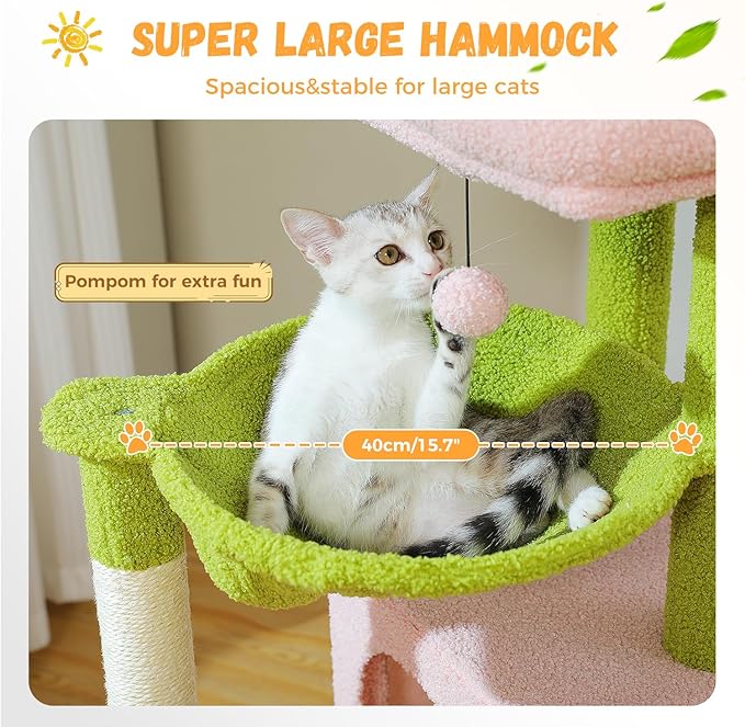 PAWZ Road Large Cat Tree, 41 Inches Multi-Level Cat Tower with 2 Spacious Condos for Large Indoor Cats, Pink Flower Cat House with Comfy Hammock, Padded Perch, Scratching Pad and Replaceable Balls-Mewly Pet