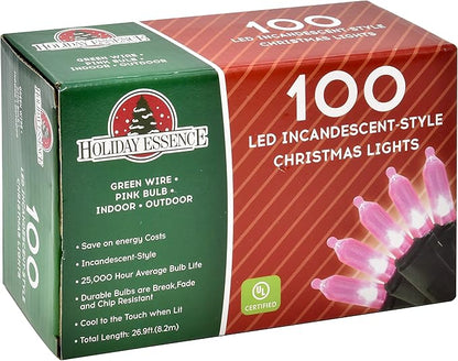 Pink LED Christmas String 100 Mini Fairy Lights Set, Green Wire 26.9 Ft Traditional Valentines Easter Holiday Décor for Home, Christmas Tree, Patio, Indoor & Outdoor Decoration