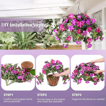 Artificial Hanging Fake Flowers with Basket Plants for Outdoor Decoration, Faux Silk Flower UV Resistant Morning Glory for Home Porch Patio Garden Balcony Yard Look Real (Red Lotus)