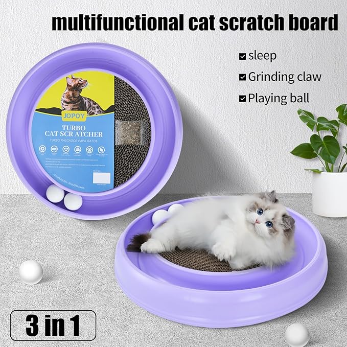 Interactive Cat Scratcher with Two Rotating Balls,Durable Scratch Pad for Indoor Play,Cardboard Cat Scratcher Pad with Cat Toy Ball Track and Catnip,2-in-1 Cat Toy (Purple)-Mewly Pet