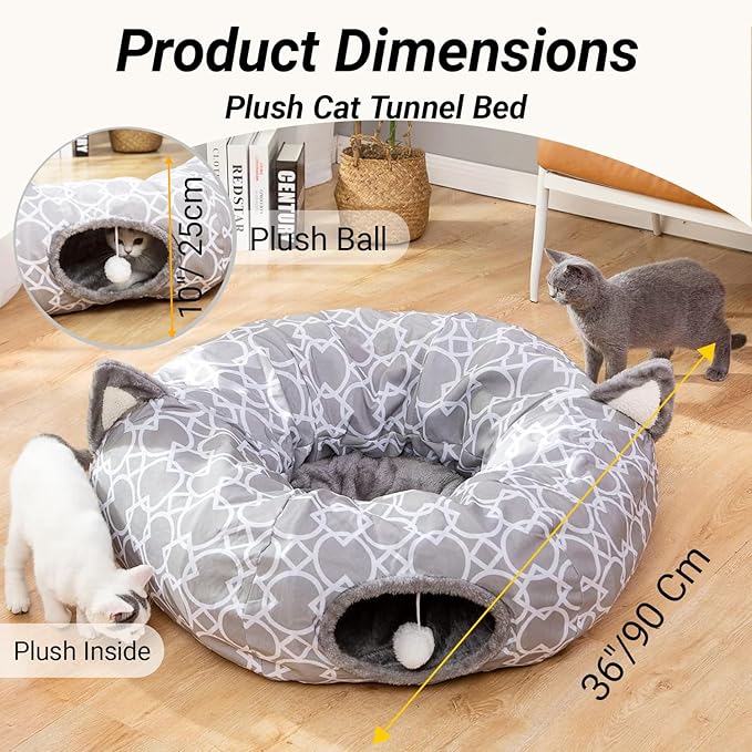 LUCKITTY Geometric Cat Tunnel Bed Oxford Outside with Plush Inside,Cats Toys Collapsible Tunnel Tube with Balls, for Rabbits, Kittens, Ferrets,Puppy 3FT-Mewly Pet