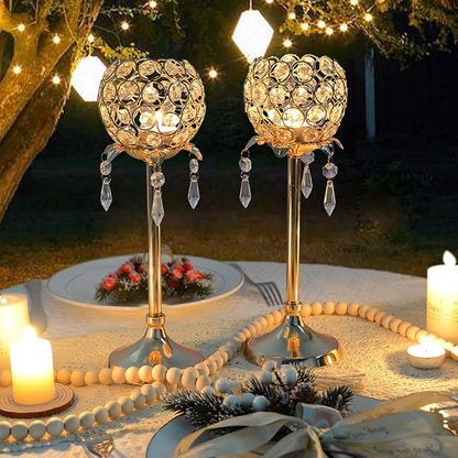 Crystal Tea Light Candlestick Holders Flower Shape with Crystal Pendant Bowl Votive Metal Candle Holder for Table Centerpieces Wedding Home Decor (Set of 2 high, Gold)