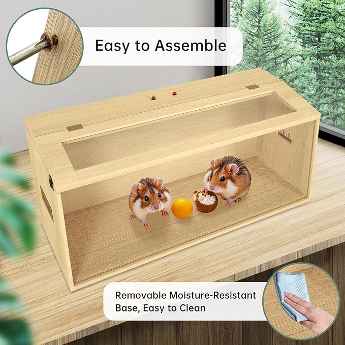 32" Hamster Habitat Enclosure, Top Opening Lockable Roof Door, Gerbil Dwarf Hamster Cage with Hygrometer, Chewproof Syrian Hamster Cage for Mice, Small Animal, (Wooden, 32" L x 16" W x 16" H)-Mewly Pet