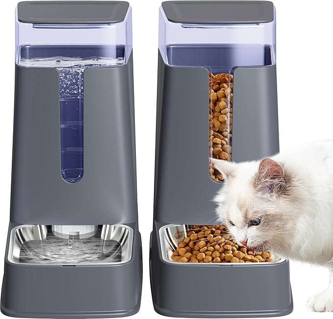 Automatic Cat Feeder and Cat Water Dispenser Set with Stainless Steel Bowls Gravity Dog Feeder for Small Medium Big Dog Pets Puppy Kitten, 3.8Lx 2-Mewly Pet