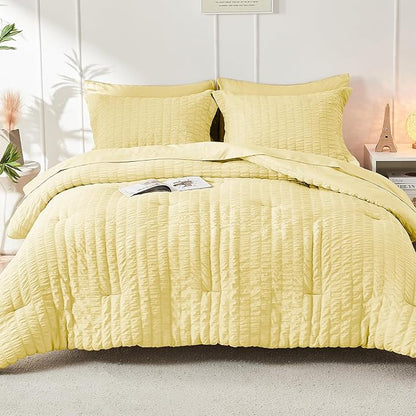 HYMOKEGE Yellow Queen Comforter Set Seersucker 7 Pieces, All Season Luxury Bed in a Bag Queen for Bedroom, Bedding Set with Comforter, Sheets, Pillowcases & Shams