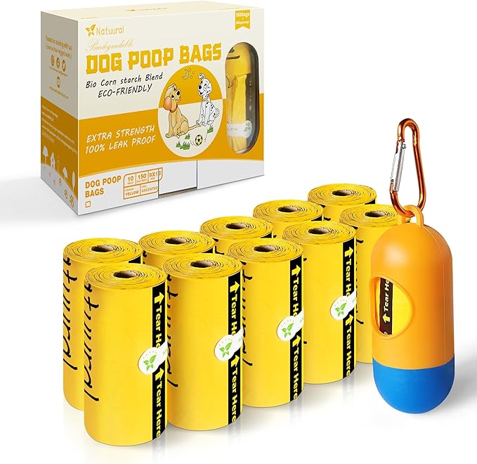 Dog Poop Bags-150 Counts with Holder (10 Rolls), Biodegradable Poop Bags, Eco-friendly and Easy to Open, Thick Dog Waste Bags (Yellow)-Mewly Pet