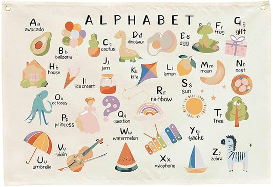Alphabet ABCD Nursery Rectangular Canvas Banner-Boho Flag Wall Art for Boy Girl Kids,Above Crib Nursery Kindergarten Reading Room Playroom Decor-Baby Growth Stuff-Baby Shower Birthday Christmas Gift