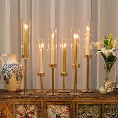 Hurricane Candle Holders Metal Candlestick Holder for Glass Taper Tall Candle Holders with Candles Stands for Home Decor, Christmas, Dinning, Wedding, Housewarming Gifts (6, Gold)