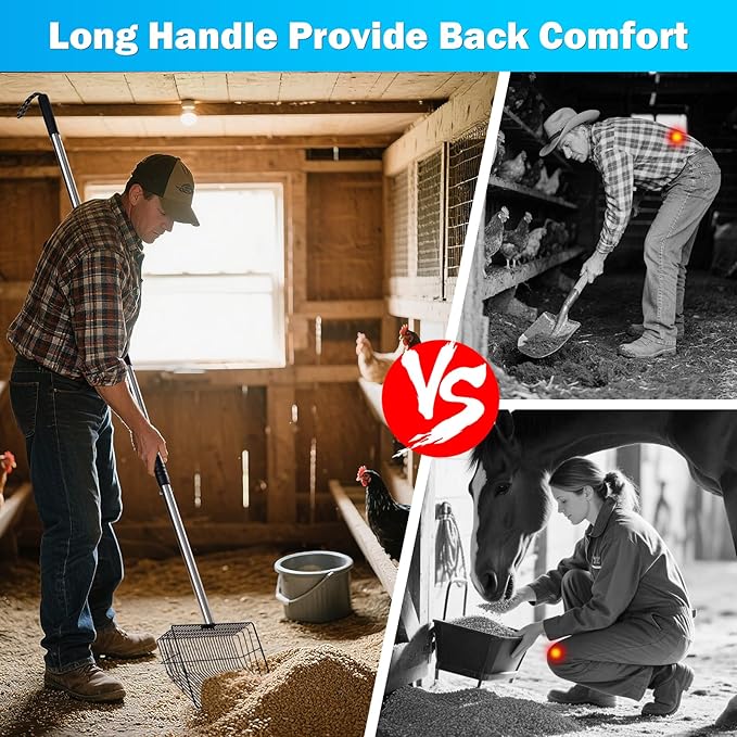 10 inch Large Chicken Poop Scooper,4 in1 Chicken Coop Poop Shovel,Adjustable 32" to 67" Stainless Steel Chicken Coop Scoop,Litter Sifting Shovel Poop Scooper for Chicken Coop Pet Waste-Mewly Pet