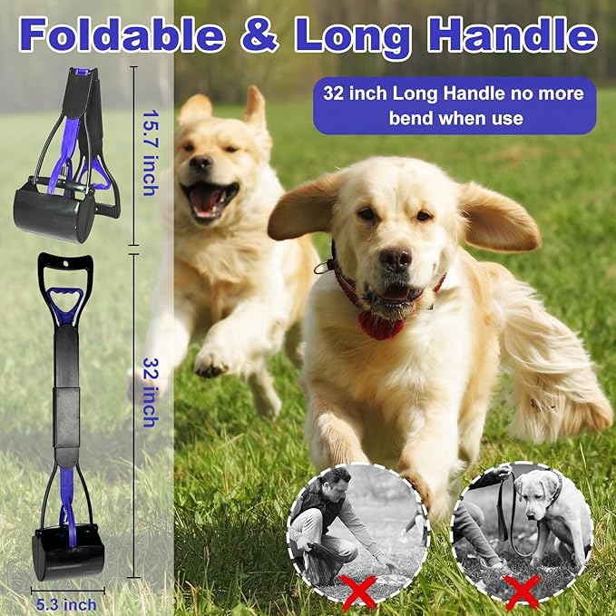 Pooper Scooper with Bags, 32" Long Handle Dog Poop Scooper for Large Medium Small Dogs, Durable Spring and High Strength Material Foldable Waste Pickup Tool for Easy Grass and Gravel Pick Up, Blue-Mewly Pet