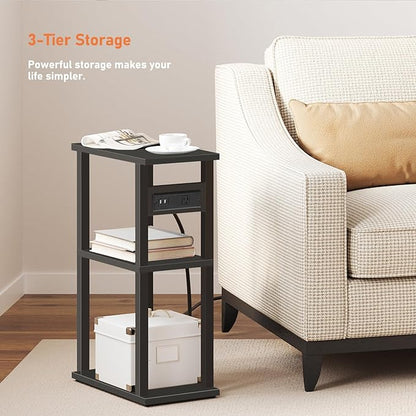TUTOTAK Small Narrow Side Table with Charging Station, Skinny End Table for Small Spaces, Slim Nightstand with USB Ports and Outlet, Sofa Beside Table with Wheels, Black TB01BK046