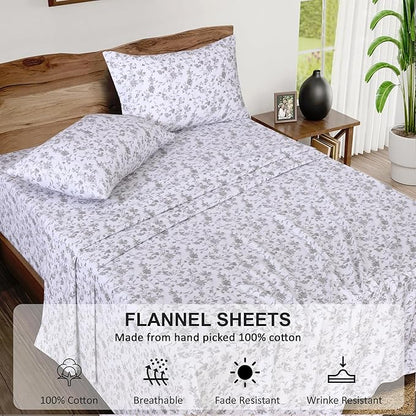 RUVANTI Flannel Sheets Queen Size - 100% Cotton Double Brushed Bed Sheets, Deep Pockets 16 Inches Queen Sheet Set, All Seasons Breathable & Extra Soft - Warm & Cozy, 4 Piece, Vintage Flora