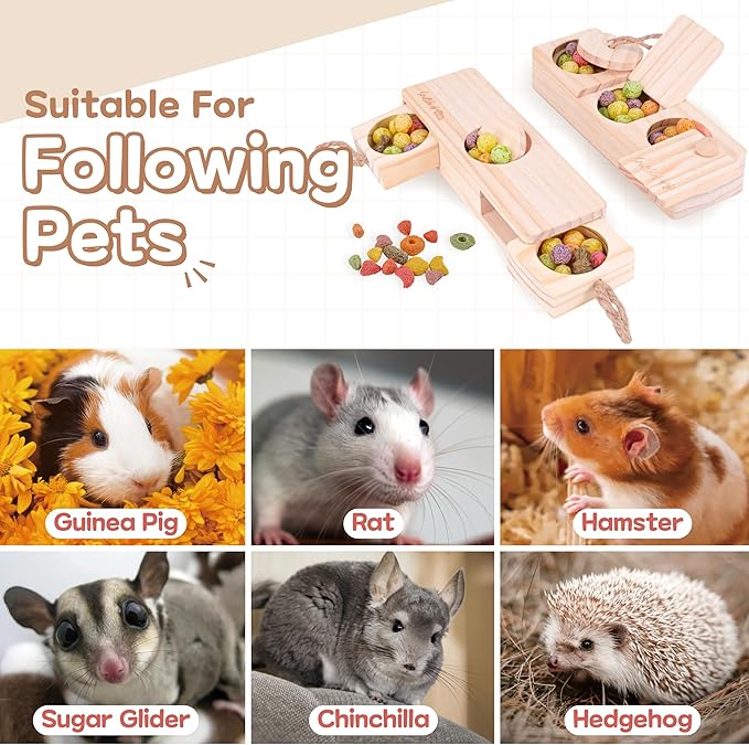 SoulThink® Interactive Guinea Pig Toys - Wooden Rat Toys for Pet Rats, Enrichment & Foraging Activity for Hamster Sniff n' Snack Puzzle for All Small Rodents (2 Sets)-Mewly Pet