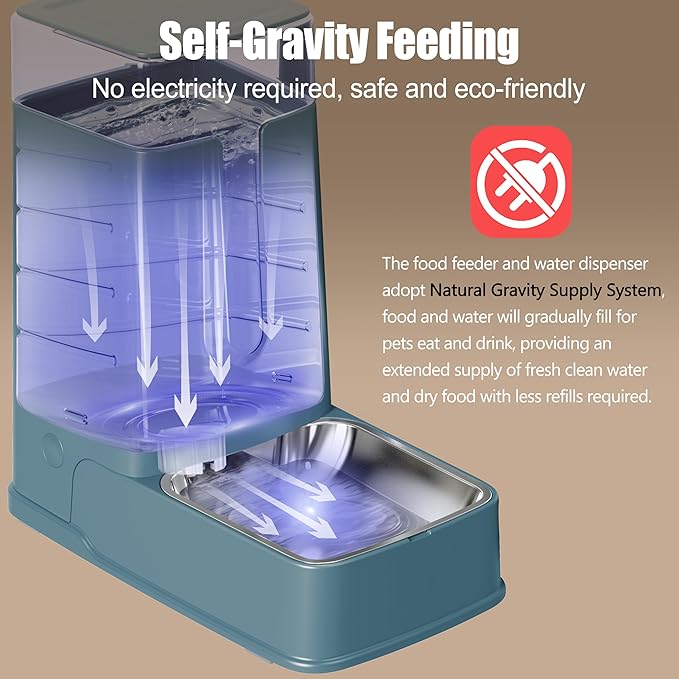 Automatic Cat Feeder and Cat Water Dispenser Set with Stainless Steel Bowls Gravity Dog Feeder for Small Medium Big Dog Pets Puppy Kitten, 3.8L x 2 (Cyan)-Mewly Pet