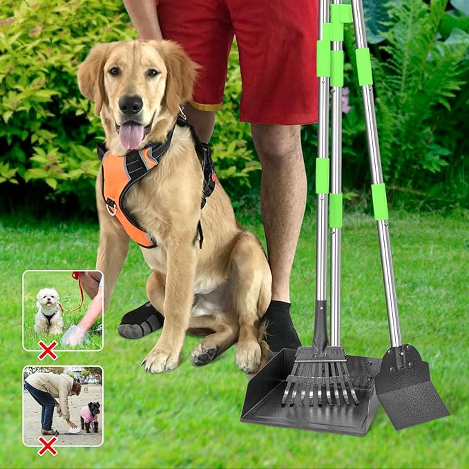 TOOGE Larger Pooper Scooper, Dog Pooper Scooper for Large Medium Small Dogs Heavy Duty Long Handle Metal Tray Rake Shovel Set for Yard Grass-Mewly Pet