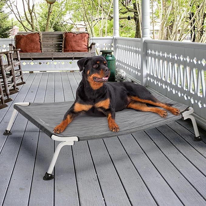 Veehoo Elevated Dog Bed for Outdoor, Cooling Waterproof Raised Dog Cots Beds XL, Curved Off Ground Pet Hammock Cot Lifted for Outside, up to 150lbs, White Legs, Black Silver 49"-Mewly Pet
