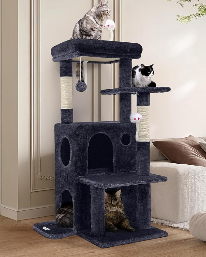 Globlazer Cat Tree Tower for Indoor Cats, 50-inch Adult Cat Tree House for Large Adult Cats with Steps, Scratching Post, 2 Cat Caves, Dangling Toys, FC50, Dark Grey-Mewly Pet
