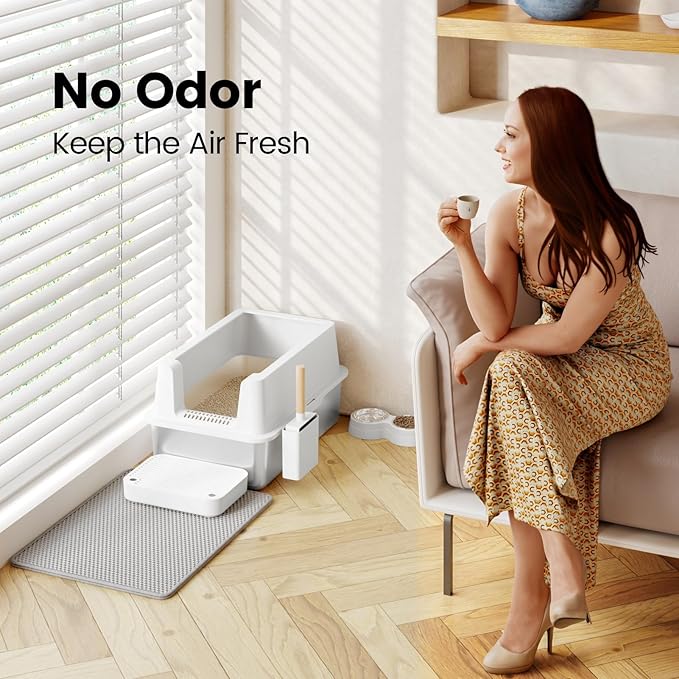 Stainless Steel Cat Litter Box - Enclosed XL Metal Kitty Litter Box with Lid for Big Cats, High Sided, Anti-Leakage, Easy Cleaning, Non-Sticky, Included Litter Mat, Cat Bowl & Spoon-Mewly Pet