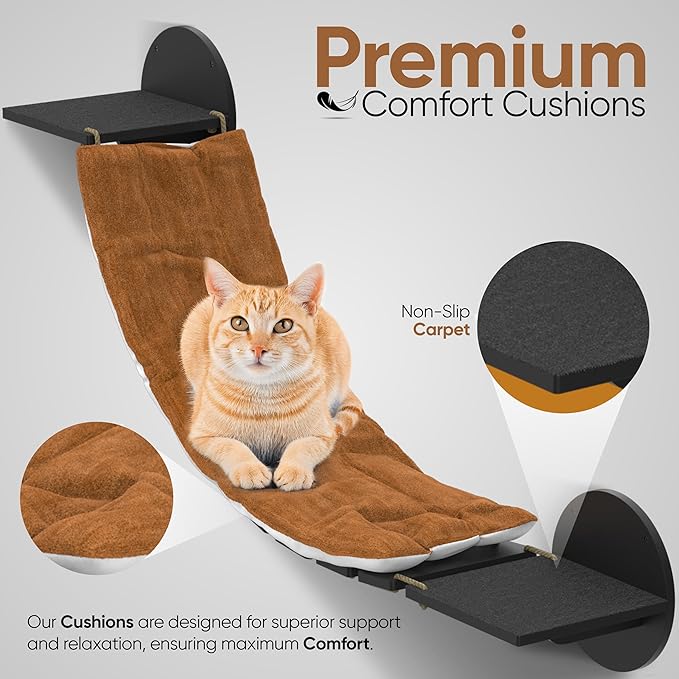 FURRY VIBES Cat Wall Shelves & Perches – 7-in-1 Cat Wall Furniture Set with Bed, Climbing Steps, Scratcher & Bridge Ladder – Black Bamboo Wall Cat Shelf for Indoor Cats-Mewly Pet