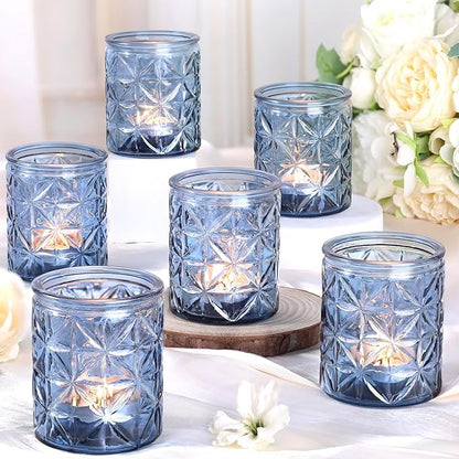 12 Pack Blue Votive Candle Holders, Vintage Blue Candle Holders, Tealight Candle Holder for Wedding Table Centerpieces, Bridal Shower, Home Decor, Birthday, Party Table Decor