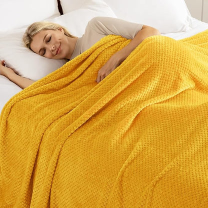 Exclusivo Mezcla Fleece Bed Blanket Queen Size, Super Soft and Warm Blankets for Couch, Sofa and Bed Waffle Textured, Cozy, Fuzzy and Lightweight (Mustard Yellow, 90x90 Inches)