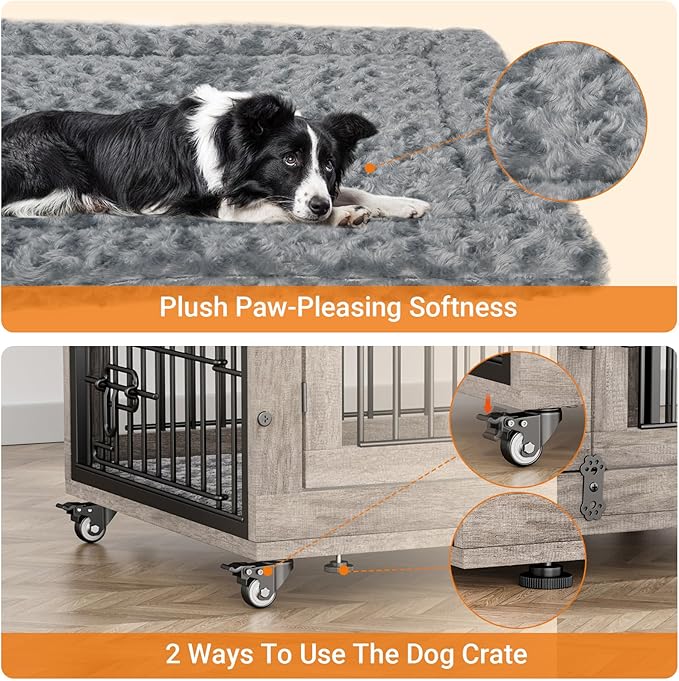 Lulive Large Dog Crate Furniture, 38'' Wooden Dog Crate End Table, Double Door Dog Kennel Indoor with Cushion & Wheels, Decorative Dog Cage House Chew-Resistant for Large/Medium, Grey-Mewly Pet
