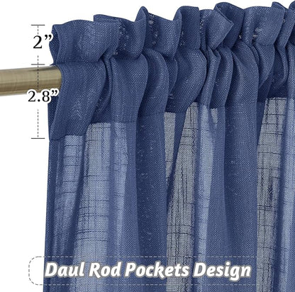 RYB HOME Semi Sheer Curtains - Linen Textured Sheer Light Glare Filter Extra Long Curtains Backdrop for Living Room Patio Door French Door Wall Decor, Navy Blue, 52 x 120 in per Panel, 1 Pair
