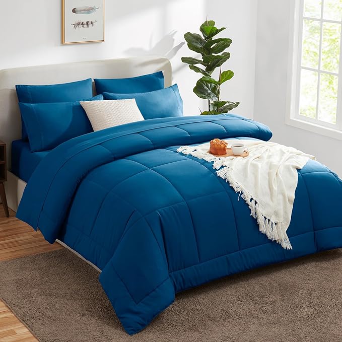 CozyLux Full Size Comforter Sets Teal, 7 Pieces Bed in a Bag, Teal Comforter Full Size, All Season Bedding Sets with Stitch Quilted Comforter, Flat Sheet, Fitted Sheet, Pillowcases