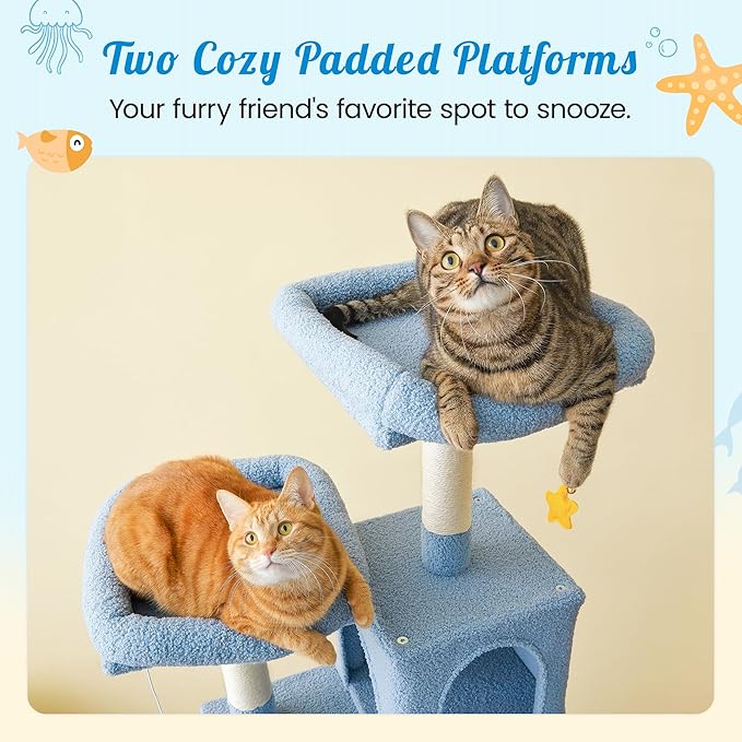 MWPO Ocean-Themed Cat Tree, 70.1-Inch Multi-Level Tall Tower for Indoor Cats, Plush Cat Condo with Big Padded Perches, Sisal-Covered Scratching Posts, Hammock, Toys for Kittens, Blue-Mewly Pet