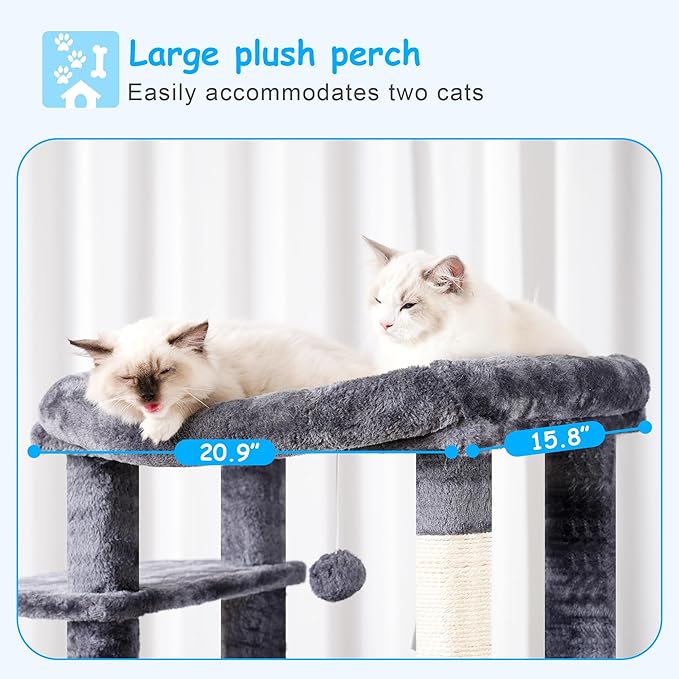Hey-brother Cat Tree, 69.3-Inches Multi-Level Plush Cat Tower for Indoor Cats with Large Top Perch, Extra Spacious Hammock, 2 Hammocks Ramp, Hanging Ball, Smoky Gray MPJ037G-Mewly Pet
