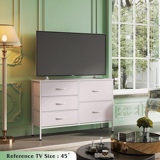 WLIVE White Dresser for Bedroom with 5 Drawers, Fabric Dresser for Living Room, Wide Chest of Drawers for Bedroom, Closet, Hallway, White