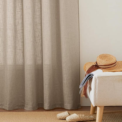 RYB HOME Linen Curtains for Windows - Airy Semi Sheer for Bathroom Kids Room Doorway, Privacy Assured Home Decor Elegant Shabby Chic, 52 inch Width x 102 inch Length, Khaki, 2 Panels Set
