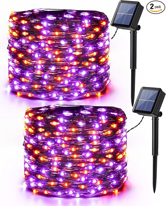 Brizled Orange & Purple Halloween Lights, 2 Pack Total 78FT 240 LED Solar Halloween Fairy Lights, 8 Modes Outdoor Orange Fairy Light, Purple Twinkle Light String Black Wire Outside Spooky Decorations