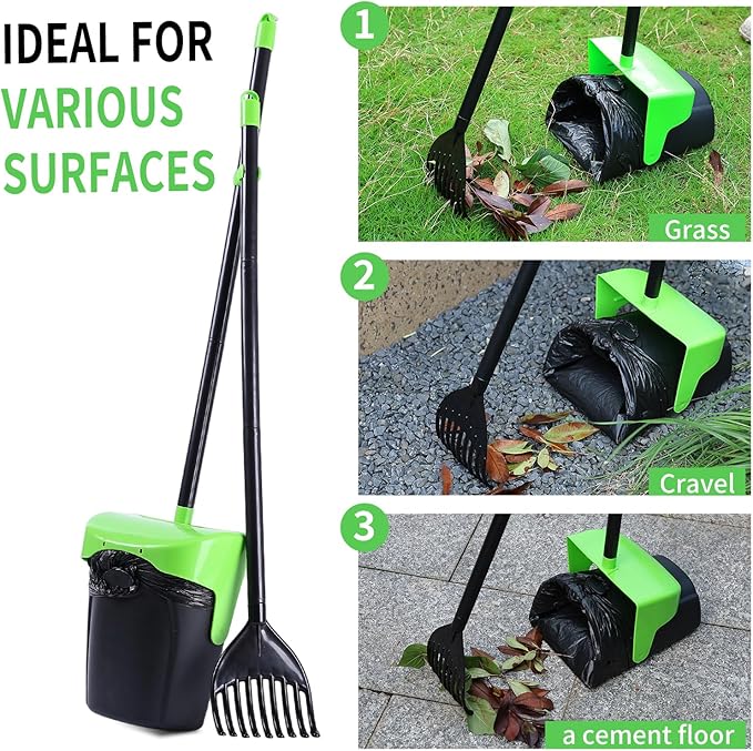 Pooper Scooper Large Swivel Bin & Rake with 160 Waste Bags,Heavy Duty Dog Pooper Scooper with Bag Attachment for Large Small Dogs, Long Handle Poop Scooper with Lid for Yard, Grass, Gravel (Green)-Mewly Pet