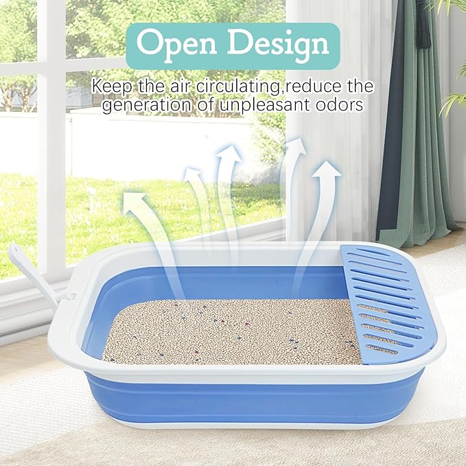 Fhiny Cat Litter Box Portable Shallow Litter Box 17.7"x13.4"x4.9" Foldable Cat Toilet with Scoop Open Kitty Potty Pan with Litter Drop Pedal Easy to Clean Travel Kitten Toilet(Blue)-Mewly Pet